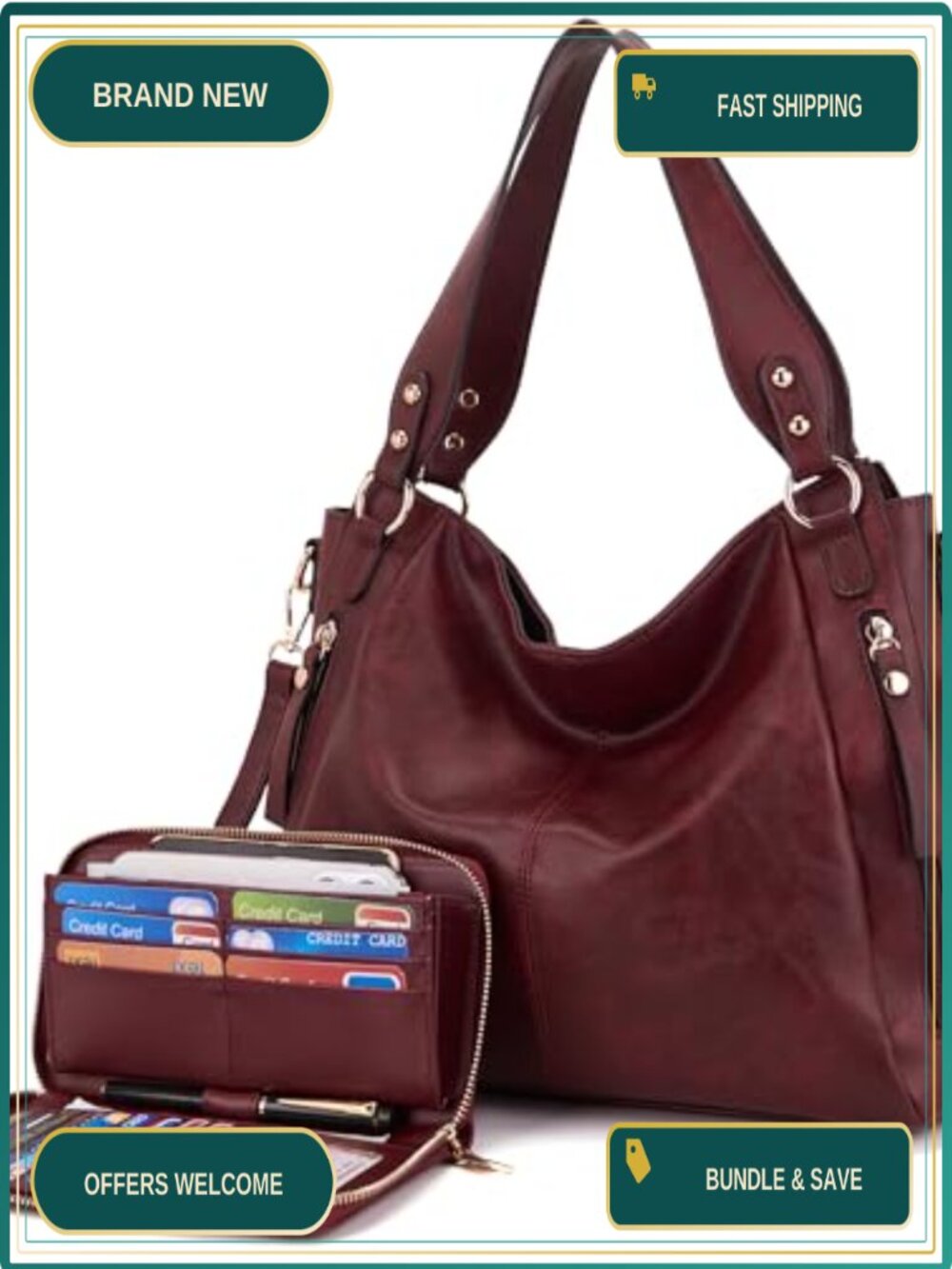 Synthetic Leather Hobo Handbag Wallet Set with Adjustable Shoulder Strap